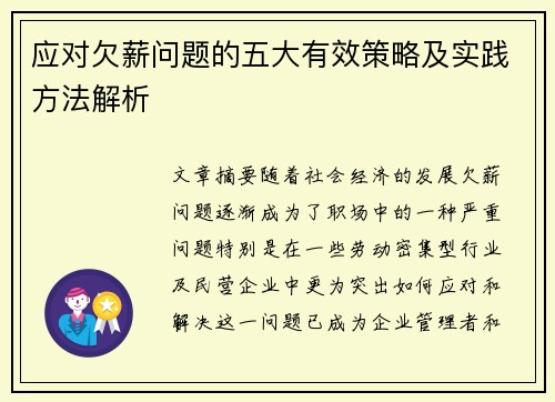 应对欠薪问题的五大有效策略及实践方法解析