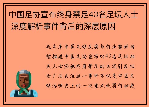 中国足协宣布终身禁足43名足坛人士 深度解析事件背后的深层原因