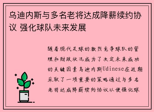 乌迪内斯与多名老将达成降薪续约协议 强化球队未来发展