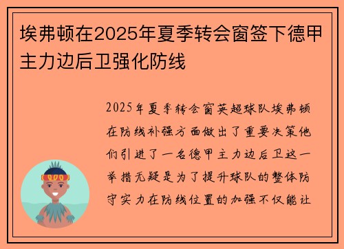 埃弗顿在2025年夏季转会窗签下德甲主力边后卫强化防线 埃弗顿在2025年夏季转会窗签下德甲主力边后卫强化防线