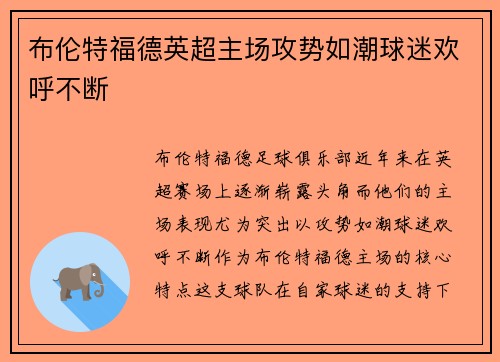 布伦特福德英超主场攻势如潮球迷欢呼不断