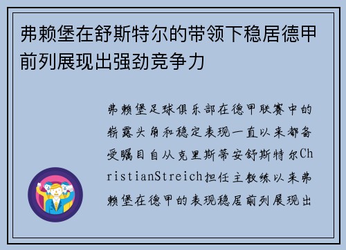 弗赖堡在舒斯特尔的带领下稳居德甲前列展现出强劲竞争力